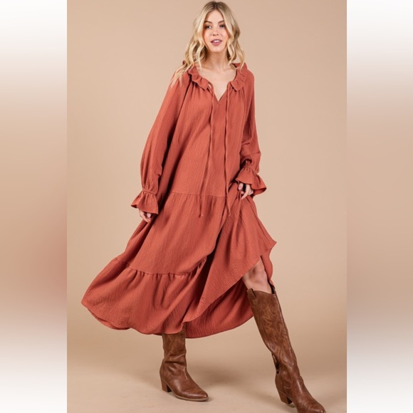 ShopEvelynne Dresses & Skirts - ShopEvelynne Rust Long Sleeve Tiered Maxi Dress